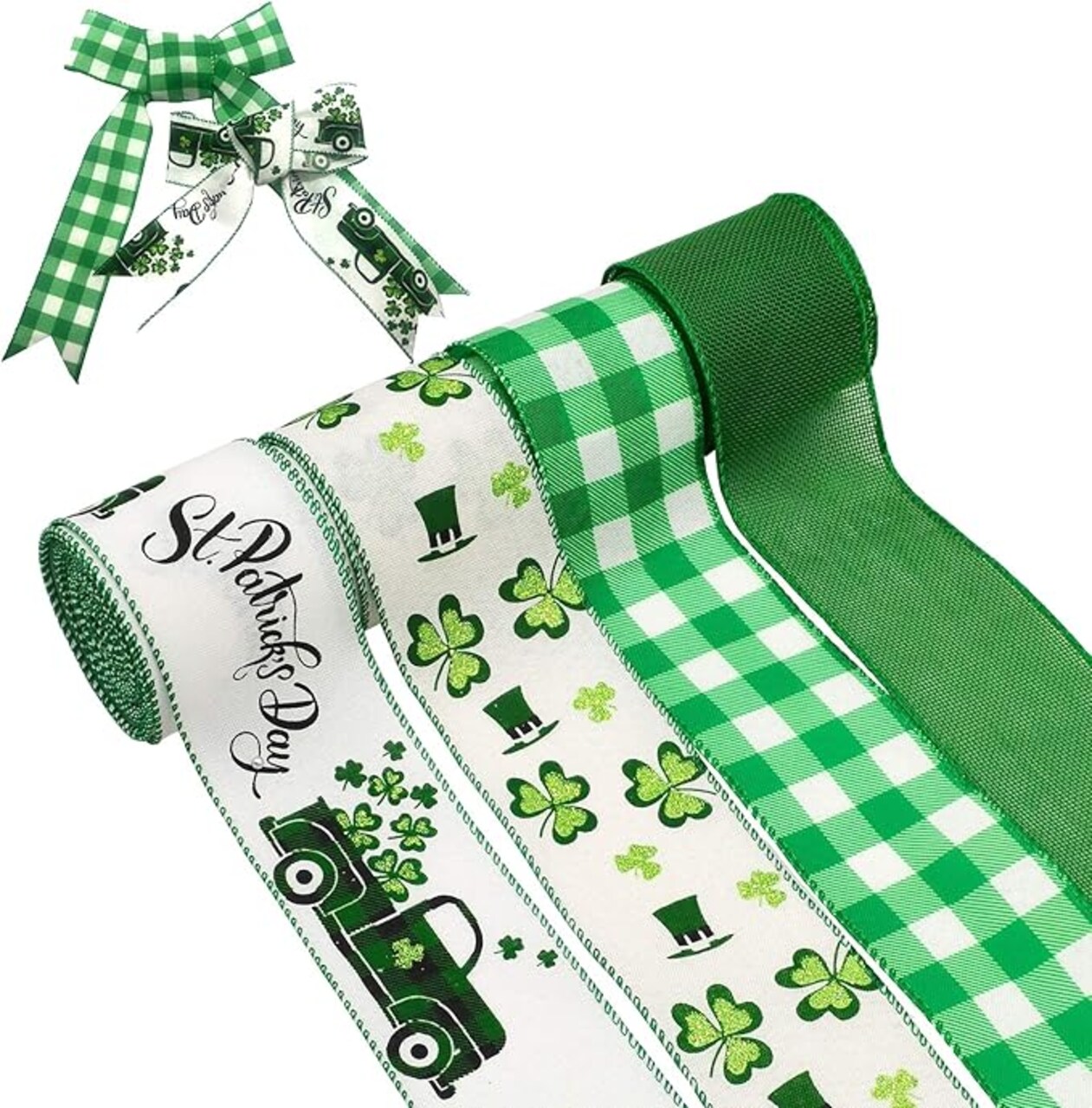 4 Rolls Shamrock Wired Edge Ribbon - 2.5''×24 Yard St Patrick's Day Green Wired Ribbon, Burlap Plaid Shamrock Fabric Craft Irish Ribbon for Gift Wrapping, Wedding Birthday Crafts Decorations